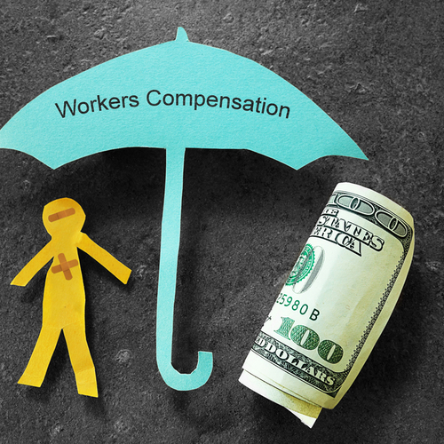 This is an image of a stick figure person being covered under an umbrella labeled 'workers; compensation