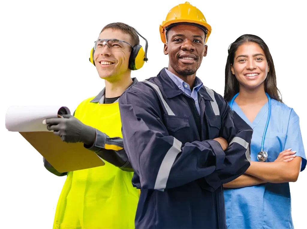 Airport worker, construction worker, and nurse